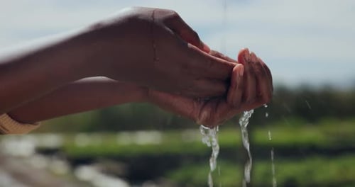 Manos, agua y lavado en la granja al aire libre para la higiene en la agricultura, trabajo para garantizar la calidad