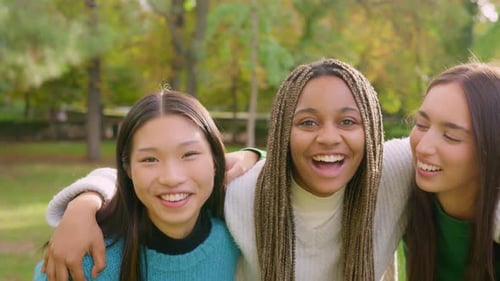 Amigos multiculturais sorrindo para a câmera em um parque