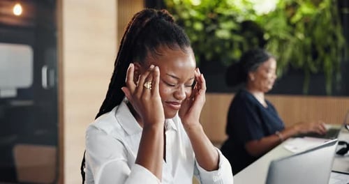 Tired, headache or woman in office with laptop, work pressure or update mistake in task management