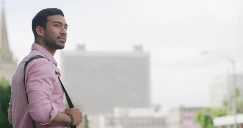 Commuting, employee and man in city, thinking and travel to work in morning, street and journey