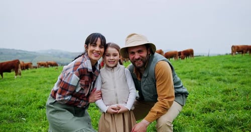 Portrait, parents and child on farm with smile, agriculture and bonding together with cattle