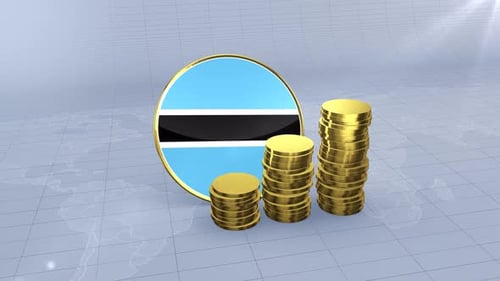 Botswana Flag With Plain Gold Coins Tower