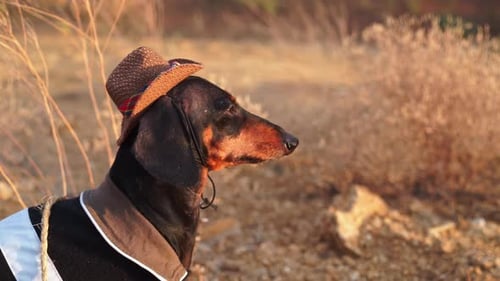 Dachshund Wearing a Hat Outdoors in a Field