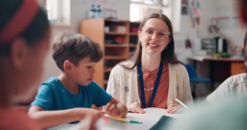 School, education and teacher with children in classroom for lesson, learning