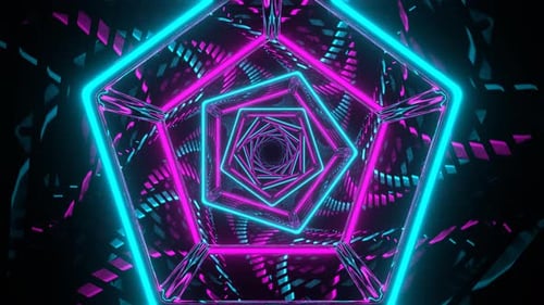 Cyan And Pink Neon Pentagon Mirror Tunnel Background Vj Loop In 4K