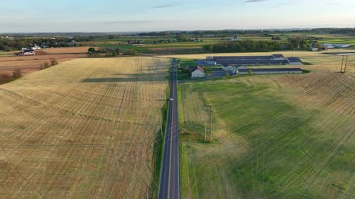 Aerial view of a rural landscape featuring a long, straight road flanked by vast golden fields and g