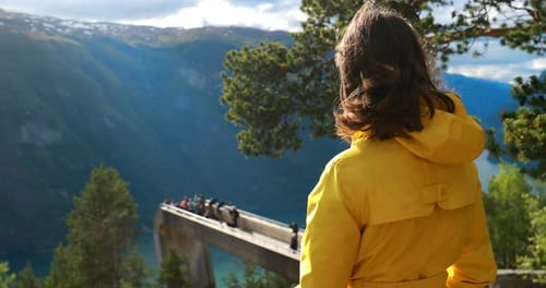 Norway Young Adult Caucasian Woman Lady Tourist Traveler Photographer Walking Near Stegastein