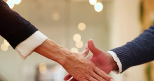 Business people, handshake or meeting with greeting for thank you, agreement or arrival at hotel