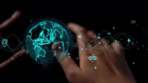 Futuristic Global Connectivity Concept with Hands Manipulating a Digital Globe and Data Visualizatio