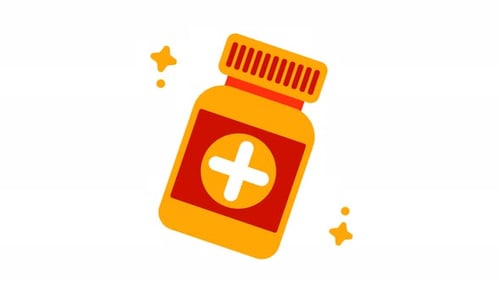 Yellow Pill Bottle With A Red Label And A White Plus Sign