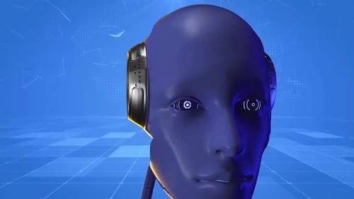 Futuristic AI Robot Head with Hand Interaction and HUD Interface