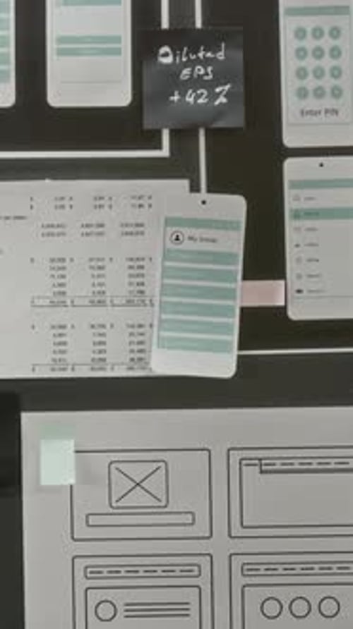 Vertical de diseñadores de UX que intercambian ideas sobre conceptos de wireframe en Project Board