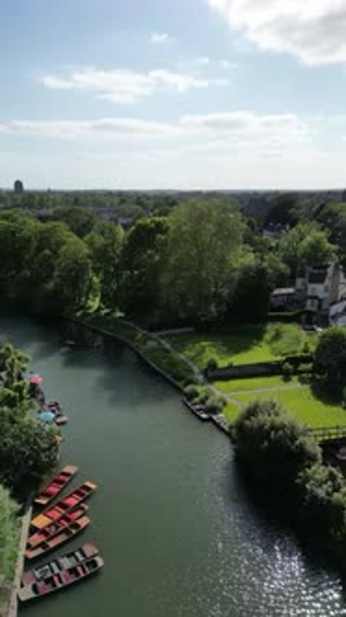 Aerial video of the River Cam and city streets in Cambridge UK