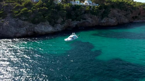 Aerial view of big motor yacht in Ibiza, Balearic Island, Spain.