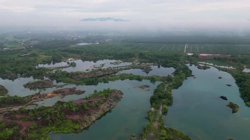 Aerial view misty day at green lush lake