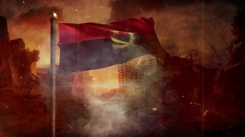 Angola Flag Waving in Gritty War Zone with Burning Debris
