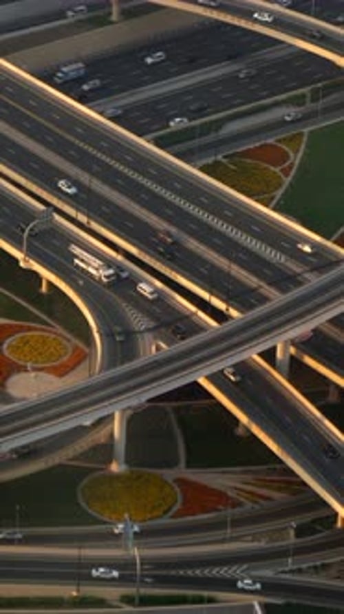 Stunning Aerial View of a Complex Highway Interchange Captured Beautifully at Sunset