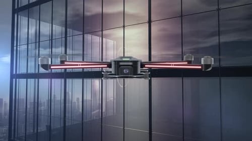 Drone Flying Near a Hightech City Building with a Digital Interface