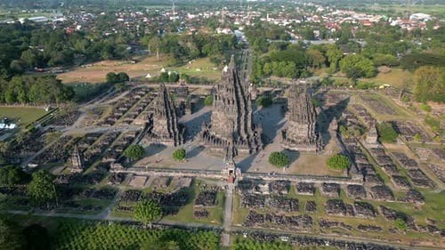 Aerial View of Ancient Prambanan Temple Complex in Yogyakarta Indonesia