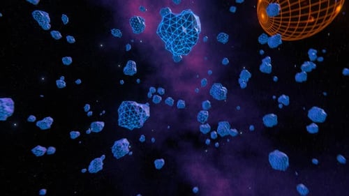 Abstract Neon Space Flight with Wireframe Asteroids