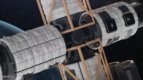 Space Travel Animation Concept Shuttle Closeup View of a Spaceship Flight of the ISS Over the