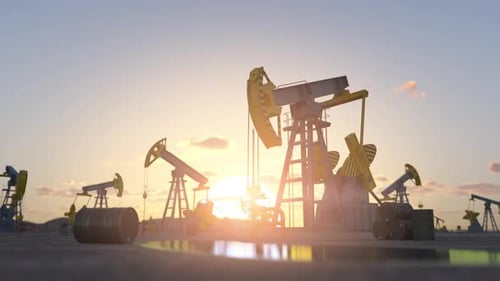Working Oil Pump and Oil Barrels on Oil Production Field 3d Animation