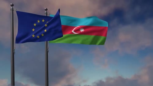 European Union and Azerbaijan Flags Waving Together in Realistic 3D