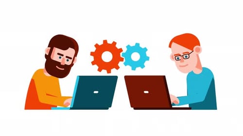 Two man engage in remote teamwork using laptops