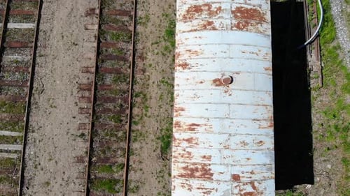Drone shot of old abandoned train cars