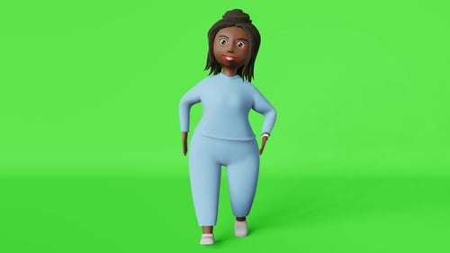 Mujer afroamericana con cuerpo positivo, personaje de animación 3D, marcha de carreras, 4K loop, chromakey