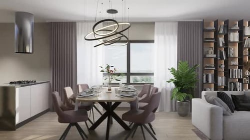 3D-rendering. The camera flies over a modern studio apartment.