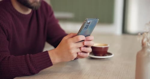 Man, hands or mobile in cafe for message, social media or typing in texting app