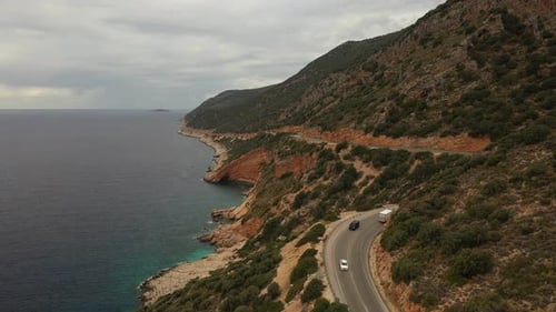Aerial View of Road Along the Aegean Sea Coast in Turkiye