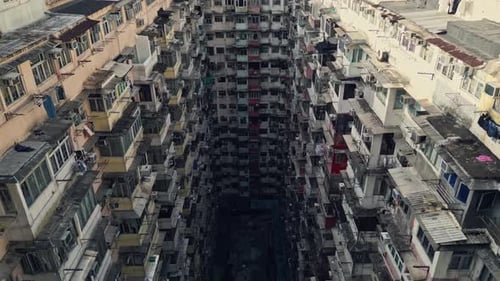 Aerial of an old apartment complex called Yick Fat on Quarry Bay, Hong Kong, China. Known also as Mo