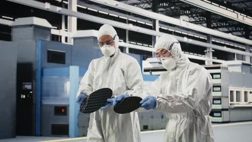 Carrying Silicon Wafer Engineering and Multiethnic Team Coworkers