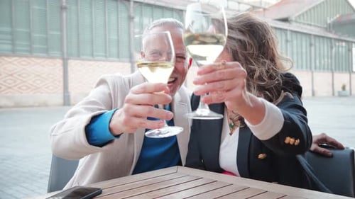 Smiling Mature Woman Toasting with a White Wine Glass Enjoying a Joyful Moment with Her Husband at