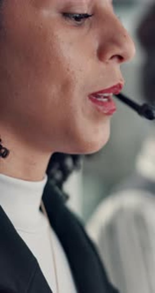 Headset, talking and businesswoman in office with customer service, crm or communication