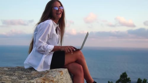 Woman Laptop Sea Working Remotely on Seashore Happy Successful Woman Female Freelancer Working on