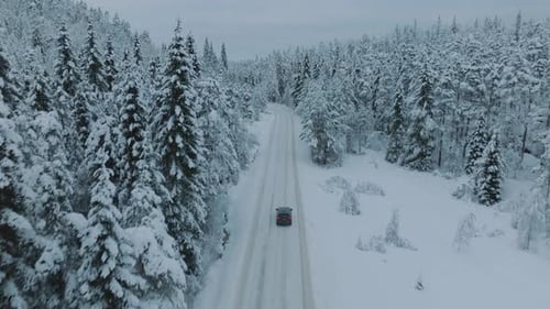 Electric vehicle driving in beautiful snowy landscape in Norway with snow covered tree tops