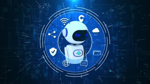 AI Robot Assistant with Rotating Digital Technology Icons