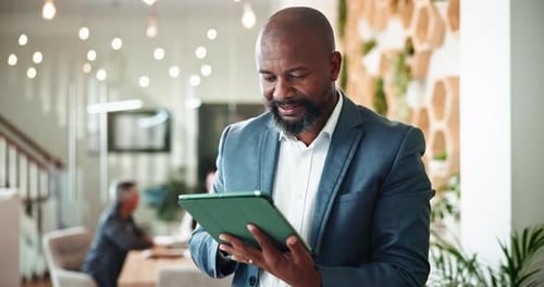 Tablet, mature and businessman in office for information, meeting agenda and update for investment