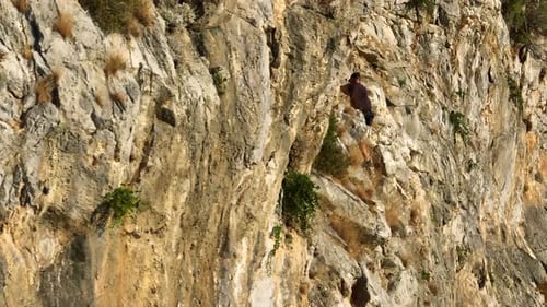 Aerial telezoom circling a mountain climber on a rocky cliff, golden hour