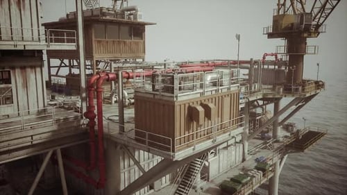 Detailed View of an Old Oil Platform with Operational Structures in the Ocean