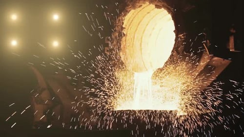 Ladle pouring Molten Steel in Foundry. 4K.