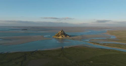 Aerial View Castle in the Water Mont Saint Michel Located in the Bay Where Normandy and Brittany