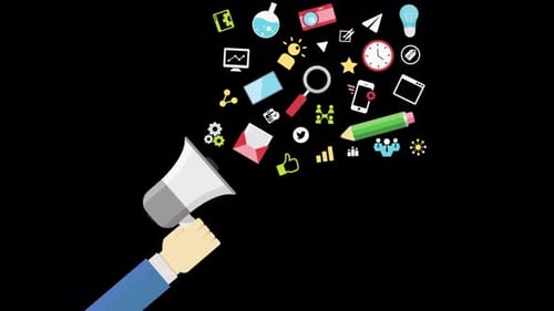 Megáfono con nube de aplicaciones coloridas 4K en Alpha Channel