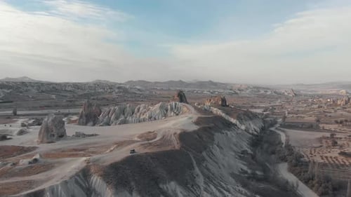 Rocks formation in Cappadocia landscape, Turkey. Cinematic aerial forward