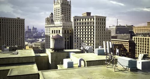 Urban Skyline muestra edificios de gran altura y estructuras en azoteas de la ciudad