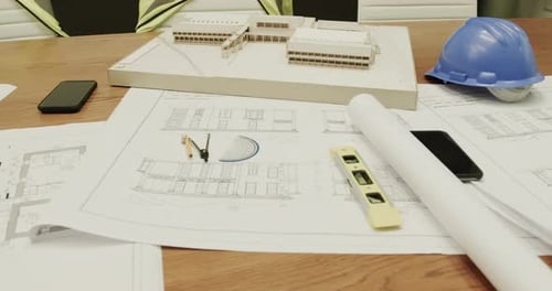 Close up of blueprints on table with helmet in architects' office