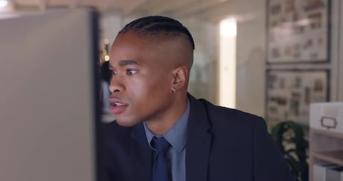 Computer, thinking and face of a business man in office for research or problem solving